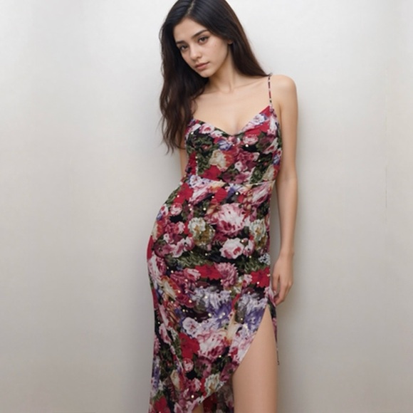 Express floral metallic detail faux wrap front spaghetti strap dress ❤️ - Picture 1 of 8